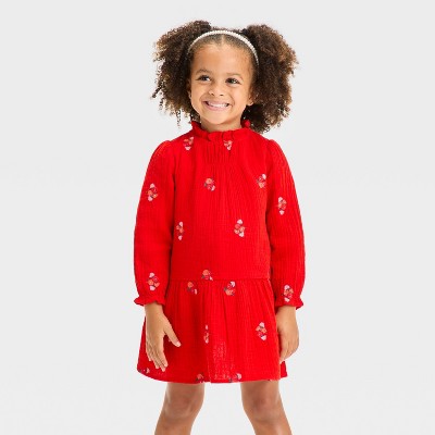 Toddler Girls' Long Sleeve Floral Embroidered Printed Dress - Cat & Jack™ Red 3T