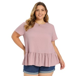 Women's Plus Size Summer Casual Short Sleeve Crew Neck Loose Fit Flowy Babydoll Blouses - GRACE & GRANDEUR - 1 of 4