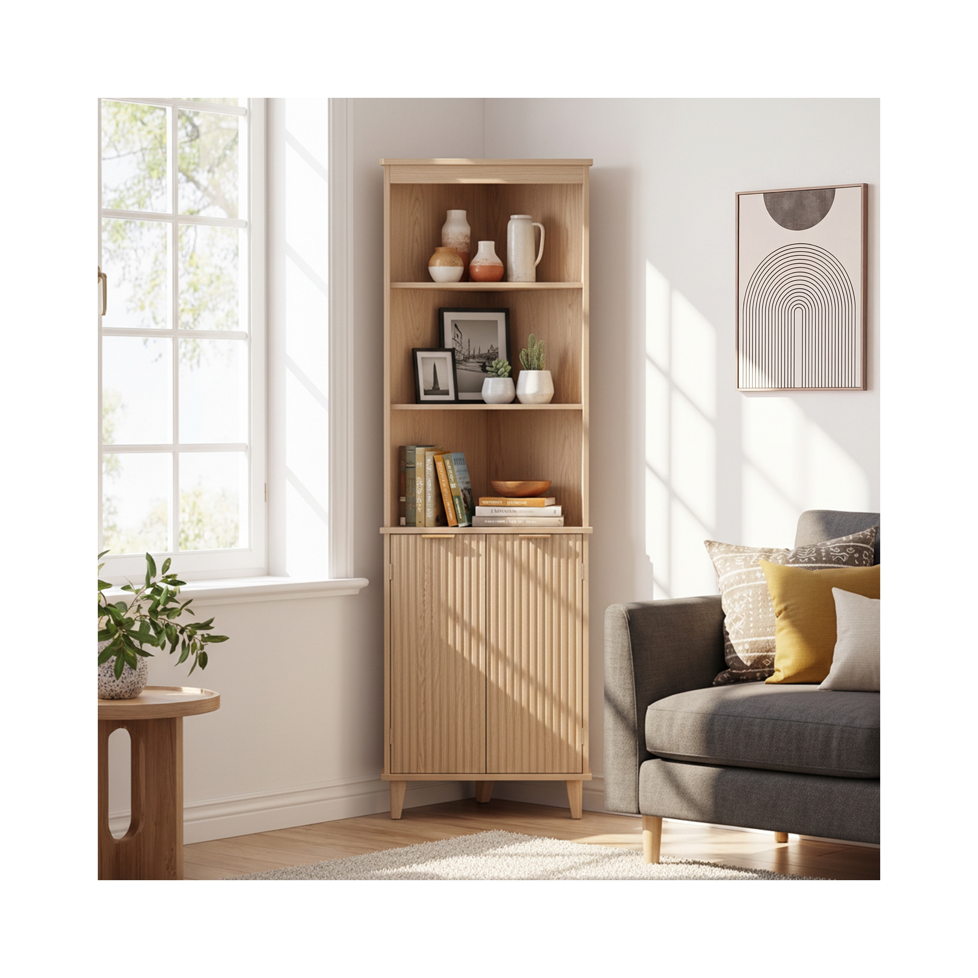 Costway 68" Tall Corner Bathroom Cabinet with Fluted Doors, 6-Tier Space Saver Bathroom Storage Cabinet Oak