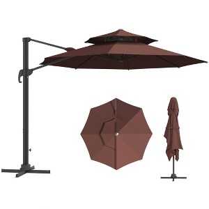Outsunny 10.8' Offset Patio Umbrella with Base, Aluminum Cantilever Umbrella with 360-degree Rotation, Tilt, 8 Ribs, Crank Included, Brown - 1 of 4
