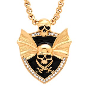 Steeltime 24" Men's 18k gold plated stainless steel jolly roger pendant with wings and simulated diamonds - 1 of 3