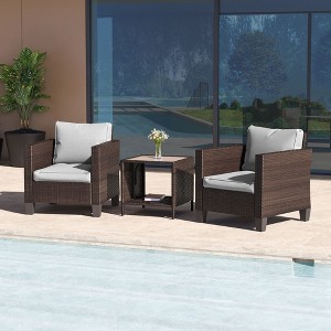 Sonkuki 3-Piece Patio Sofa Set Wicker Furniture Set Brown/Gray Rattan with Side Table - 1 of 4