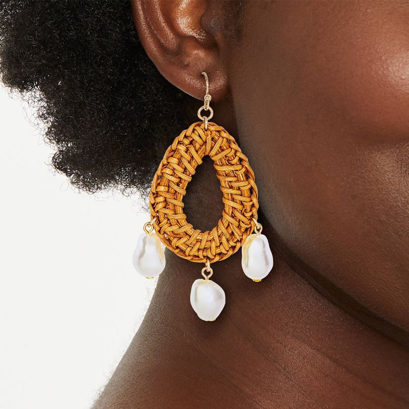 Raffia Oval Pearl Drop Earrings - A New Day&#8482; Gold/Brown, 2 of 4