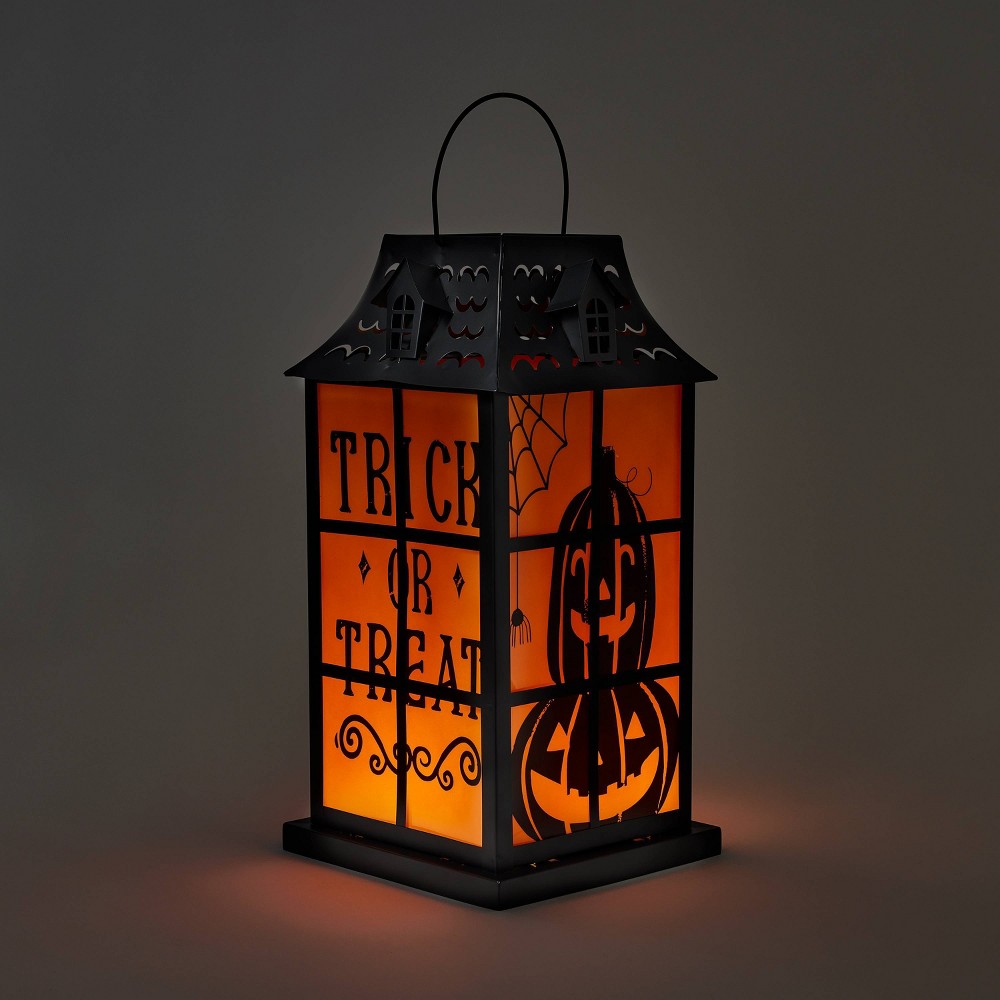 Falloween Light Up Large Orange and Black Halloween Decorative Metal Lantern - Hyde & EEK! Boutique™