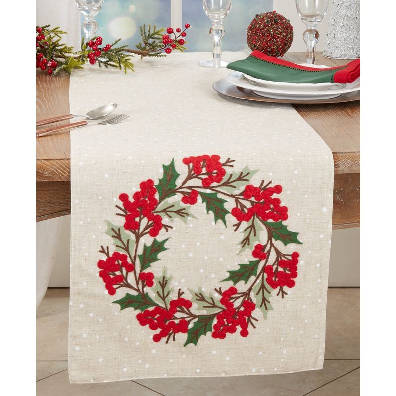 Saro Lifestyle Festive Holly Berry Wreath Table Runner, 16"x70", Beige, 3 of 4