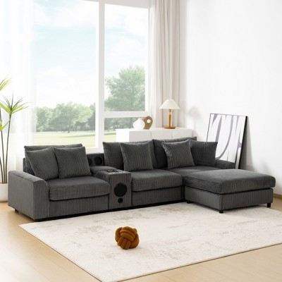 114" Corduroy Modular L-Shaped Sectional Sofa with Movable Ottoman, Bluetooth Speakers, USB Charger, Wireless Charging, Console, Cup Holders
