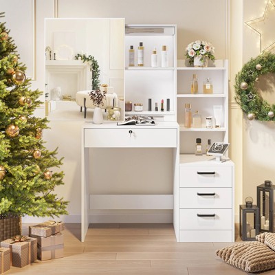 SUGIFT Makeup Table Set Makeup Vanity with Mirror for Bedroom Vanity Desk with 4 Drawers White