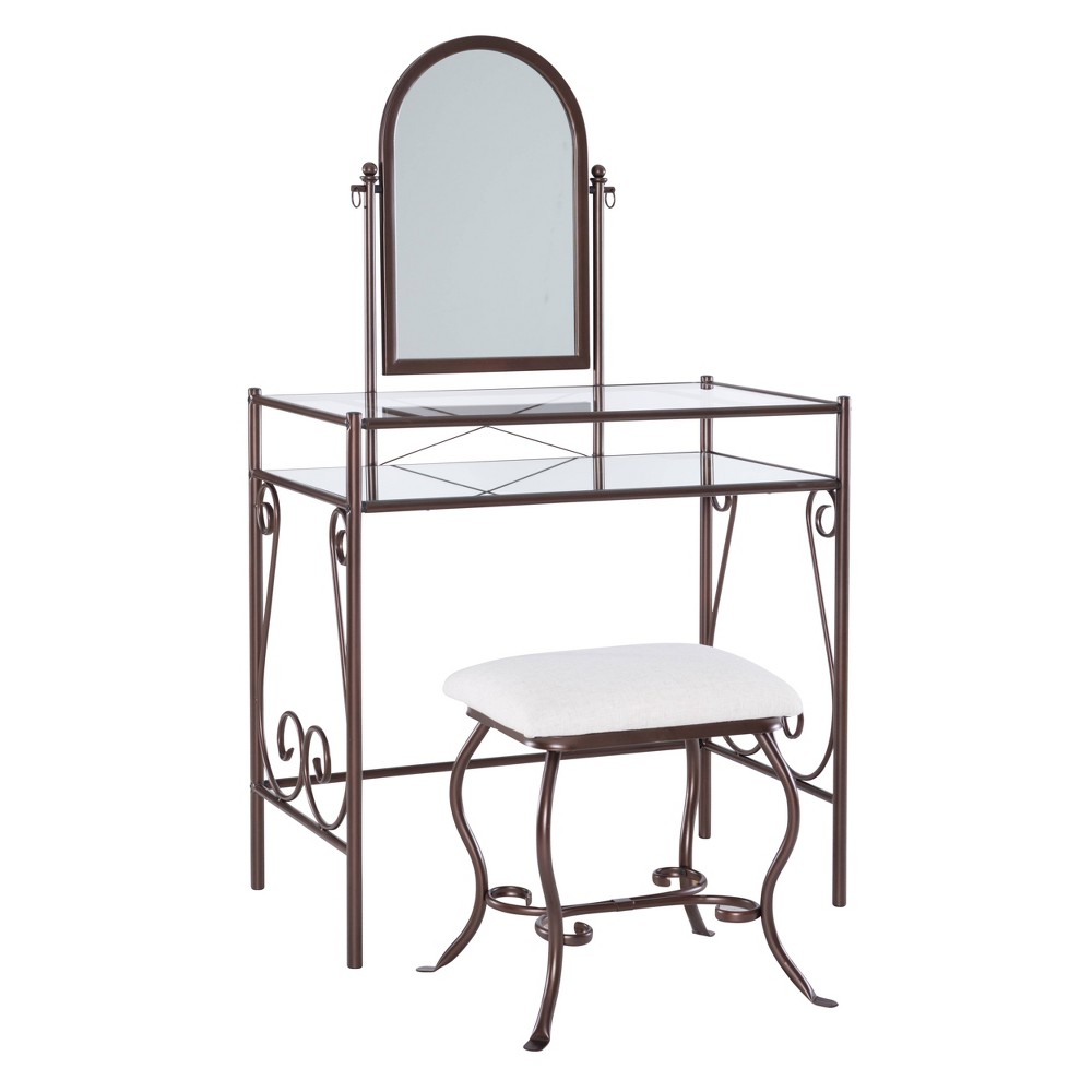 Linon Clarisse Traditional Metal and Glass Shelf TiltingMirror Vanity and Upholstered Stool Brown