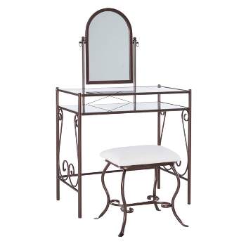 Clarisse Traditional Metal and Glass Shelf Adjustable Mirror Vanity and Upholstered Stool Brown - Linon