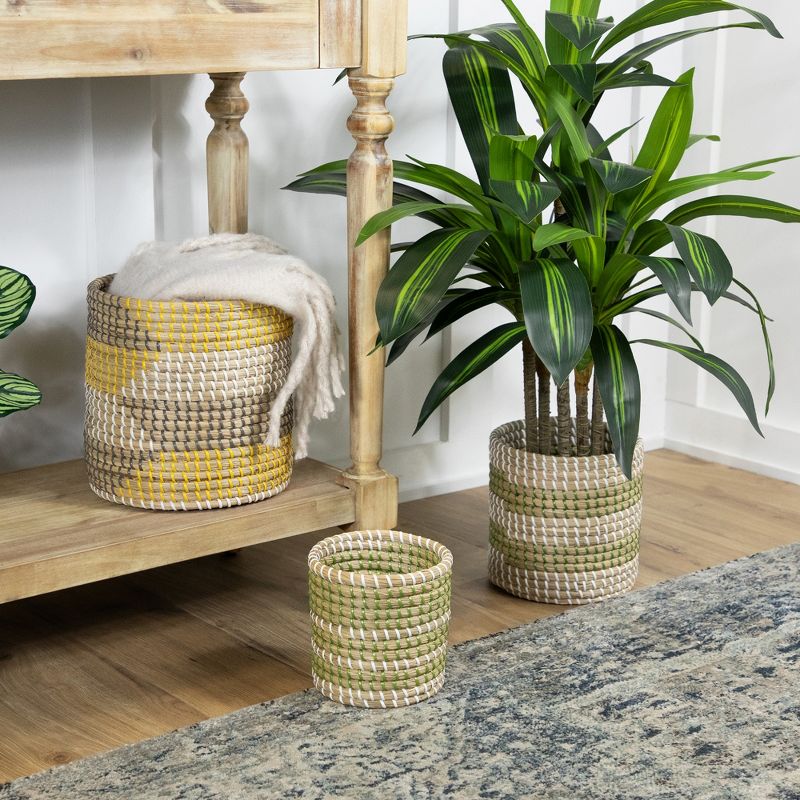 Northlight Set of 3 Striped Olive and Beige Woven Seagrass Baskets 9.75", 2 of 7