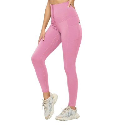 Slickblue Women's Body Shaper Yoga Leggings, High Waist with Hook Closure, Side Pockets, Pink, Size S-XL