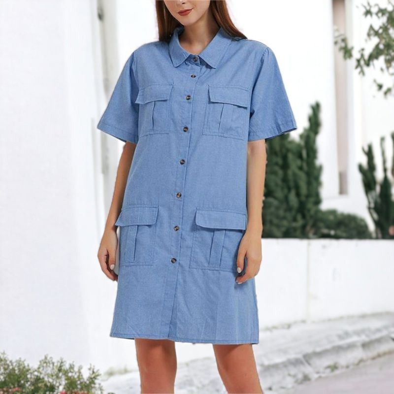 Anna-Kaci Women's Short Sleeve Jean Shirt Dress Button Down, 5 of 6