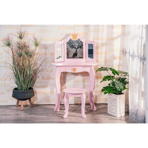 Kids Vanity Table and Chair Set with Tri-Folding Mirror and Drawer - Girls Dressing Table and Chair Set - Vanity Set with Mirror for Ages 3-9 - 1 of 2