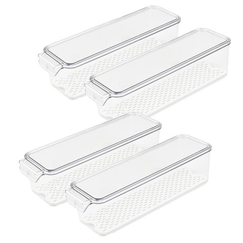 SharpChef 4PK Stackable Kitchen Pantry Storage BIn, Removable Drainage Tray for Fruit & Vegetables, Clear Acrylic Organizer Bins with Handles