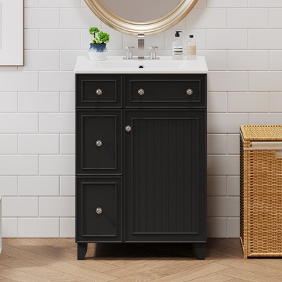 ALEXOUN 24" Bathroom Vanity with Ceramic Basin,Free Standing Single Basin Vanity Set with 2 Drawers and 1 Door,Modern Wooden Bathroom Cabinet,