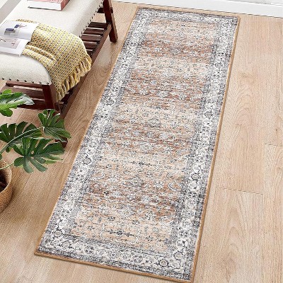 Washable Vintage Oriental Rug, Non-Slip and Stain Resistant Rug, Vintage Floral Embossed Low Pile Rug for Living Room, Dining Room, Bedroom
