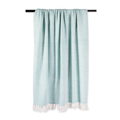 Aqua Blue Cotton Woven Throw Blanket with Fringe