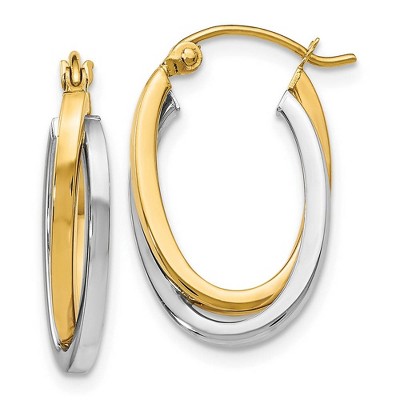 Black Bow Jewelry 3mm Polished Crossover Oval Hoop Earrings in 14k Two Tone Gold, 20mm