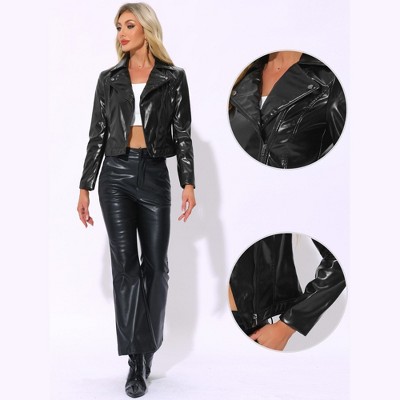 Allegra K Women's Stylish Metallic Biker Holographic Shiny Jackets Large Black — фото 2