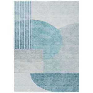 Teal Blue And Silver Geometric Washable Indoor Outdoor Area Rug - 1 of 4