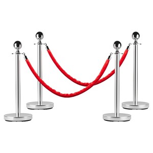COZONY Stainless Steel Stanchion Post with Velvet Ropes, Crowd Control Barrier Set with Weighted Base, Event Queue Management System,4 PCS - 1 of 4