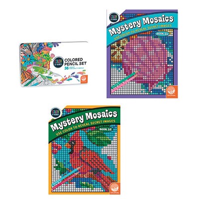 MindWare Color By Number Mystery Mosaics: Books 11 & 12 With 36 Colored Pencils Set - Coloring Books