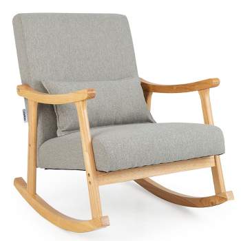Costway Upholstered Rocking Chair with Pillow Rocking Armchair with Rubber Wood Frame Grey