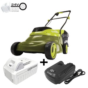 Sun Joe Cordless, Brushless Lawn Mower Kit, MJ24C-14-XR, Green - Push Propelled Grass Trimmer Tool with 3 Settings, Rear Clippings Bag, and Charger - 1 of 4