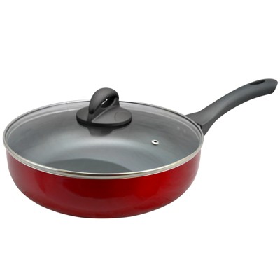 Oster Herscher 3.5 Quart Aluminum Sauté Pan with Tempered Glass Lid in Red