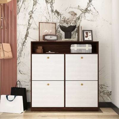 TIRAMISUBEST 4-Door Shoe Storage Cabinet - Freestanding Flip-Drawer Organizer with Wooden Handles, Anti-Tip Design for Entryway & Hallway