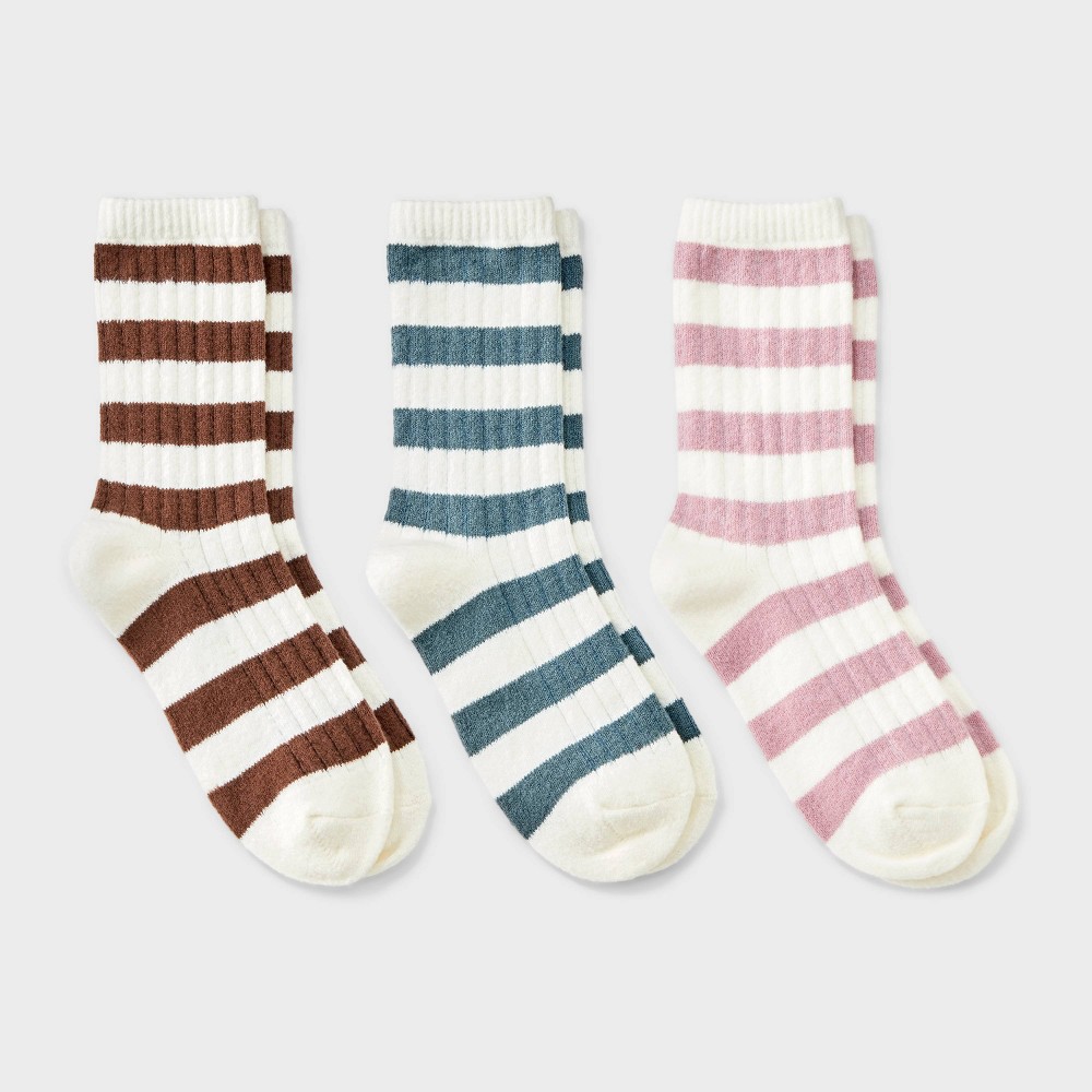 Girls' 3pk Striped Slouch Crew Socks - Cat & Jack™ Blue/Pink/Brown L