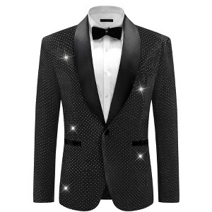 Lars Amadeus Men's Shawl Lapel One Button Wedding Rhinestone Sparkly Velvet Blazer - 1 of 4