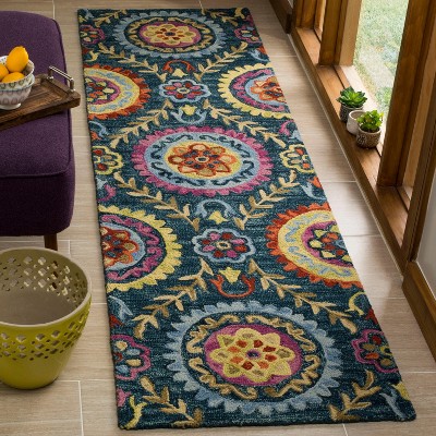 Hand-Knotted Blue and Multi Wool Runner Rug