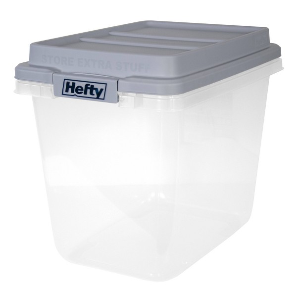 Tina de almacenamiento de plástico transparente Hefty 32qt con tapa apilable gris HI-RISE: asas de cierre, botes universales de utilidad