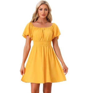 Allegra K Women's Summer Square Neck Puff Short Sleeve Elastic Waist Mini Dress - 1 of 4