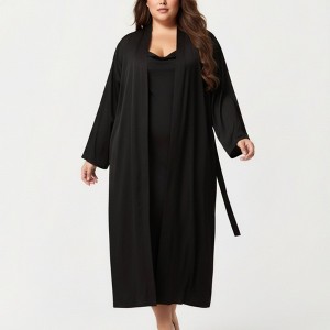 Anna-Kaci Lounge Women's Plus Size Long Robe Set with Soft Draped Silhouette and Smooth Flowing Fabric for an Layered Lounge Look - 1 of 4
