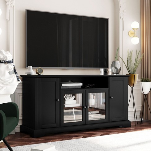 NicBex TV Stand for 65 Inch TV with 2 Tempered Glass Doors TV Entertanment Center with Open Panels and Cabinets TV Console Table for Living Room Black
