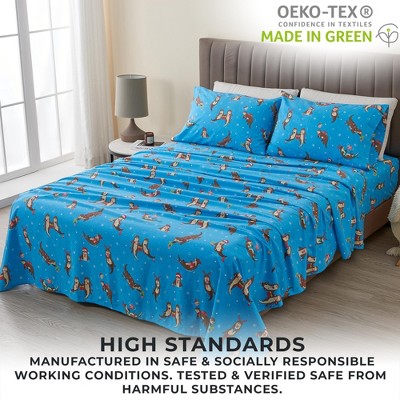 Full Size Otters in Snow Blue Cotton Flannel Sheet Set