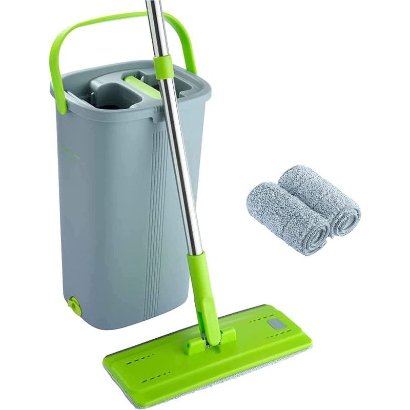 EasyGleam Mop and Bucket Set, Microfibre Flat Mop with Stainless Steel handle, 2 Reusable Pads Supplied, Blue, 1 of 5