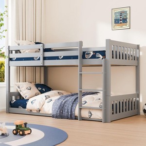JOYMOR Solid Wood Low Twin Over Twin Bunk Bed for Kids/Junior, Bunk Bed Frame with Guardrails & Ladder for Boys Girls, No Box Spring Needed (Gray) - 1 of 4