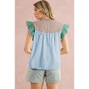I AM A FASHION JUNKY Mist Blue Colorblock Ruffled Sleeve Frill V Neck Blouse - 2 of 4
