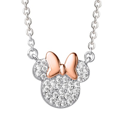 Disney Womens Minnie Mouse Silver Plated Cubic Zirconia Necklace, 16+2"