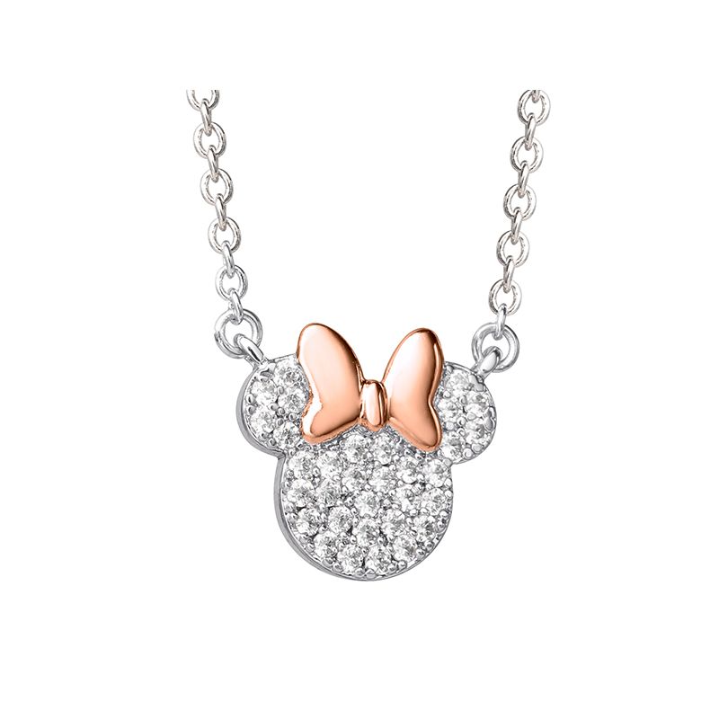 Disney Womens Minnie Mouse Silver Plated Cubic Zirconia Necklace, 16+2", 1 of 6