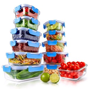NutriChef 24-Piece Glass Food Storage Containers Hinged BPA-Free 100% Leakproof Locking Lids, Blue - 1 of 4