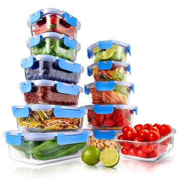 NutriChef 24-Piece Glass Food Storage Containers Hinged BPA-Free 100% Leakproof Locking Lids, Blue