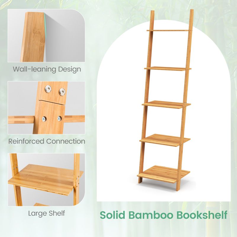 Tangkula 5-Tier Ladder Bookshelf Modern Bamboo Leaning Storage Rack Ladder-Style Bookcase Open Display, 5 of 8