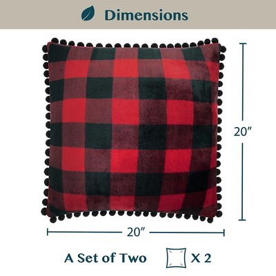 Red and Black Plaid Pom Pom Flannel Pillow Covers, Set of 2