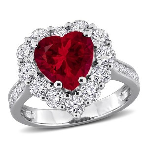 CREATED FOREVER | Sterling Silver 3 CT TGW Created Ruby and 1.60 CT TW Lab-Grown Diamond Heart Halo Ring - 1 of 4