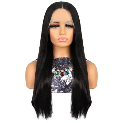 Unique Bargains Women's Heat Resistant Long Straight Hair Synthetic Fibre Lace Front Wigs Black 26"
