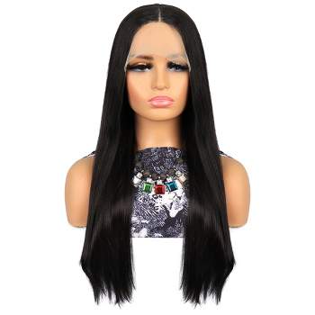 Unique Bargains Lace Front Wigs, Heat Resistant Long Straight Hair for Girl Daily Use Synthetic Fibre (Black, 26")